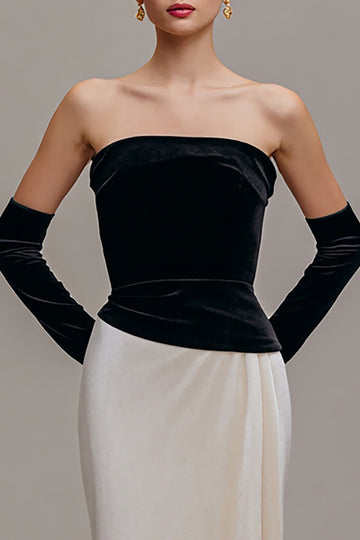 Black and Champagne Strapless Velvet Sheath Formal Dress